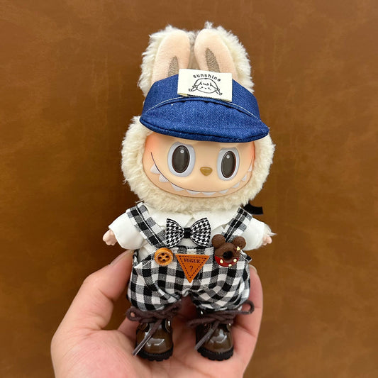 Checkered Overalls & Denim Cap Outfit for Labubu (Gen 1/2/3 Compatible)