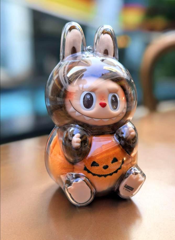 Case for LABUBU Happy Halloween Party Series Sitting Pumpkin, Display Box Hard Case Accessories Cover with Silicone Strap White - Pumkin, Clear