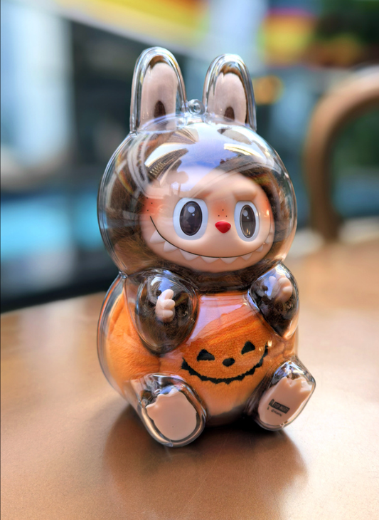 Case for LABUBU Happy Halloween Party Series Sitting Pumpkin, Display Box Hard Case Accessories Cover with Silicone Strap White - Pumkin, Clear